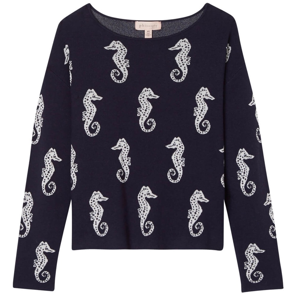 Philosophy Blue and White Crew Neck Sweater with Seahorse Pattern